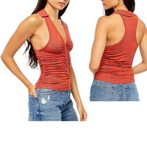 Anthropologie Free People Coco Print Rust Red Ruched Tank Top. Racerback XL NWT